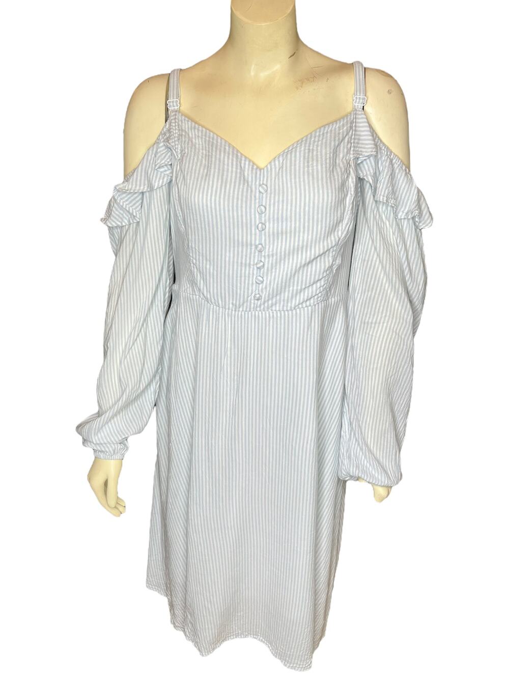 Torrid Blue Candy Stripe Cottagecore Cold Shoulder Ruffle Dress